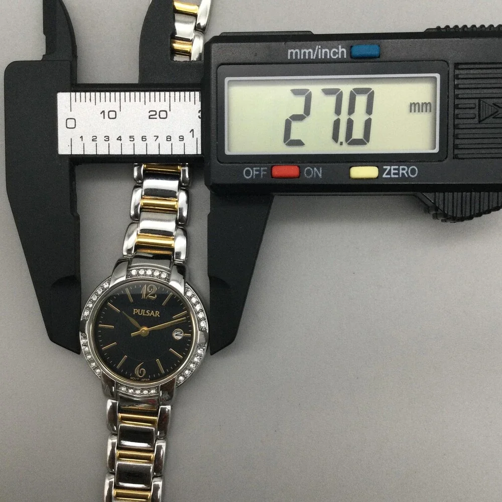 Pulsar Women Watch 27mm Two Tone Black Dial Crystals VJ22-X112 New Battery 6.25